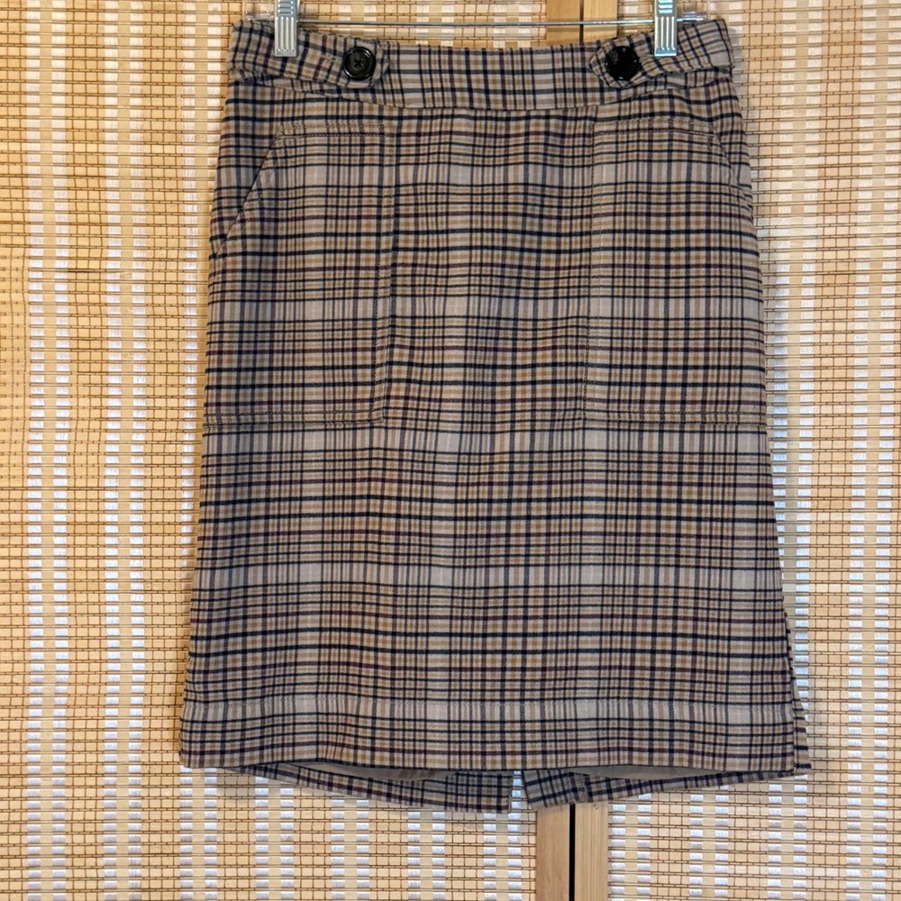 Merona Plaid Wool Blend Pencil Skirt Tan Navy Burgundy Size 6 Knee Length Office